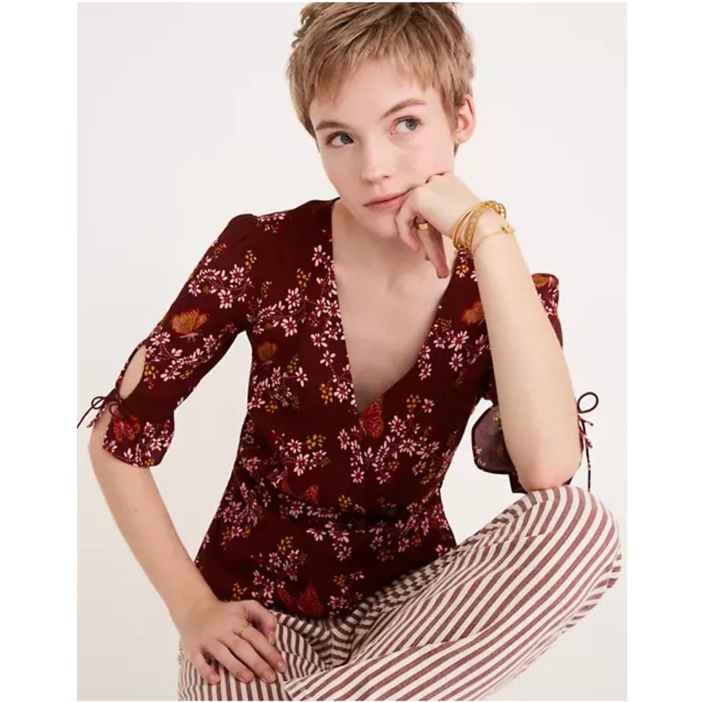 Madewell Tie Sleeve Wrap Top in Butterfly Sanctuary